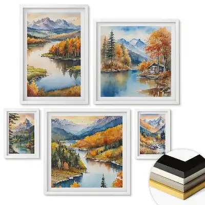 Set de 5 tablouri înrămate cu peisaje montane și acvatice de toamnă
