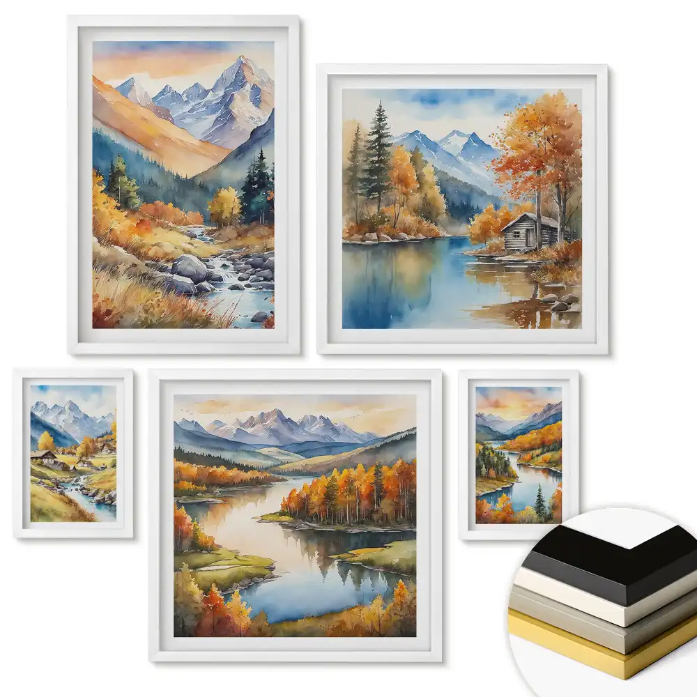 Set 5 tablouri înrămate Peisaje montane pitorești și râuri