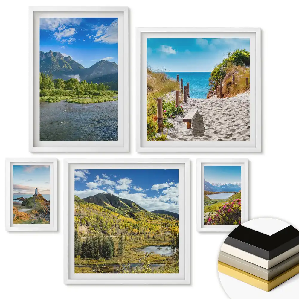 Set 5 tablouri înrămate Lacuri montane pitorești și bărci