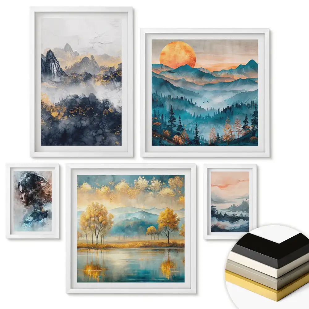 Set 5 tablouri înrămate Peisaje naturale și păsări în artă