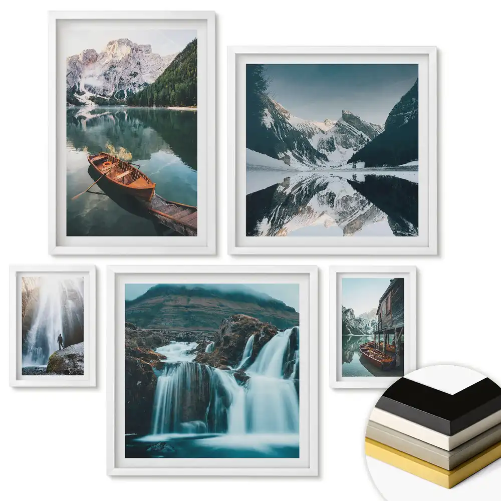 Set de 5 tablouri înrămate cu peisaje pitorești de munte și apă