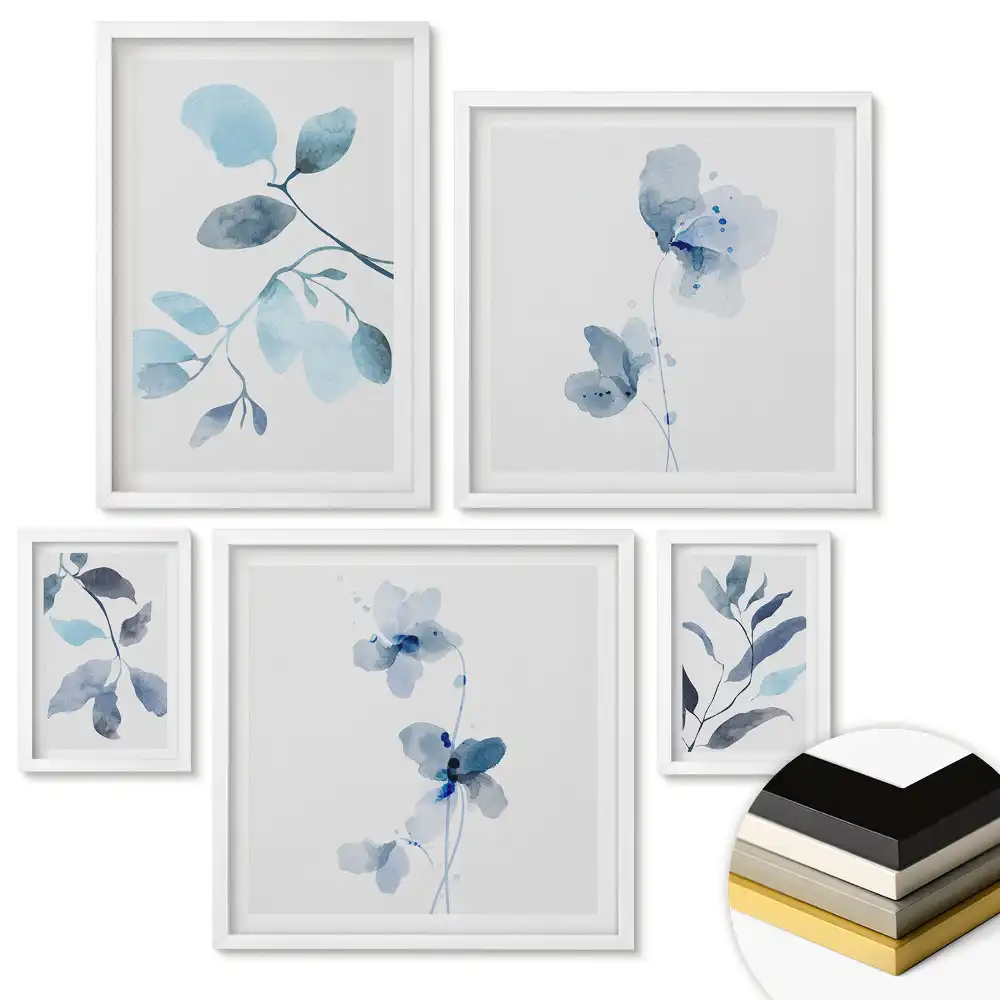 Set tablouri înrămate Acuarele florale în nuanțe de albastru