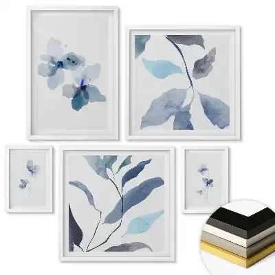 Set 5 tablouri înrămate Acuarele florale în nuanțe de albastru