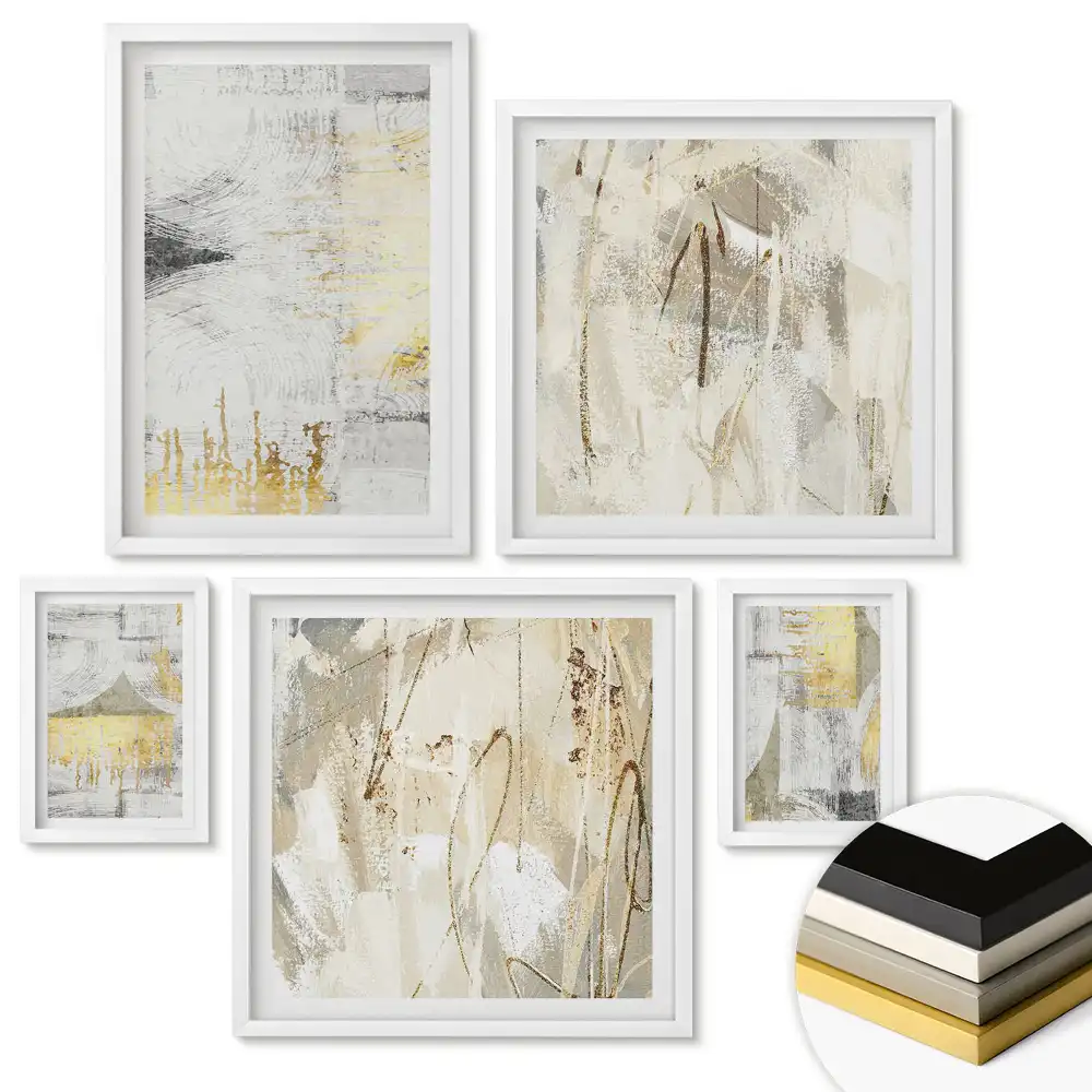 Set 5 tablouri înrămate Compoziții abstracte în nuanțe de auriu