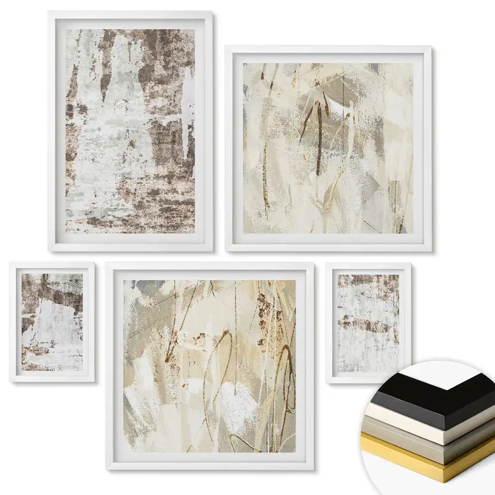 Set de 5 tablouri înrămate cu modele abstracte în nuanțe de bej