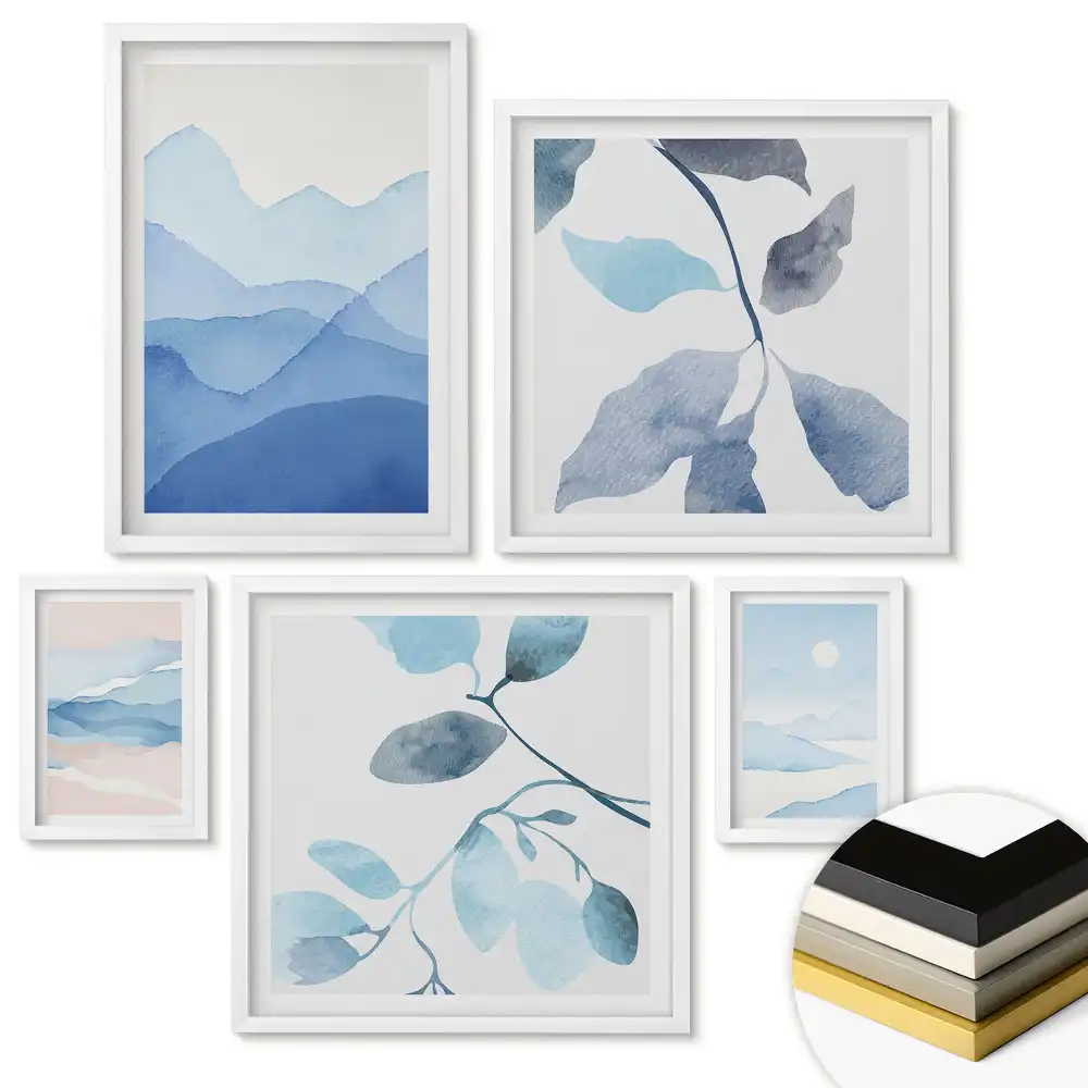 Set de tablouri înrămate Acuarele delicate în nuanțe de albastru