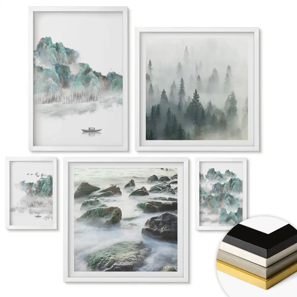 Set 5 tablouri înrămate Peisaje naturale în tonuri aurii