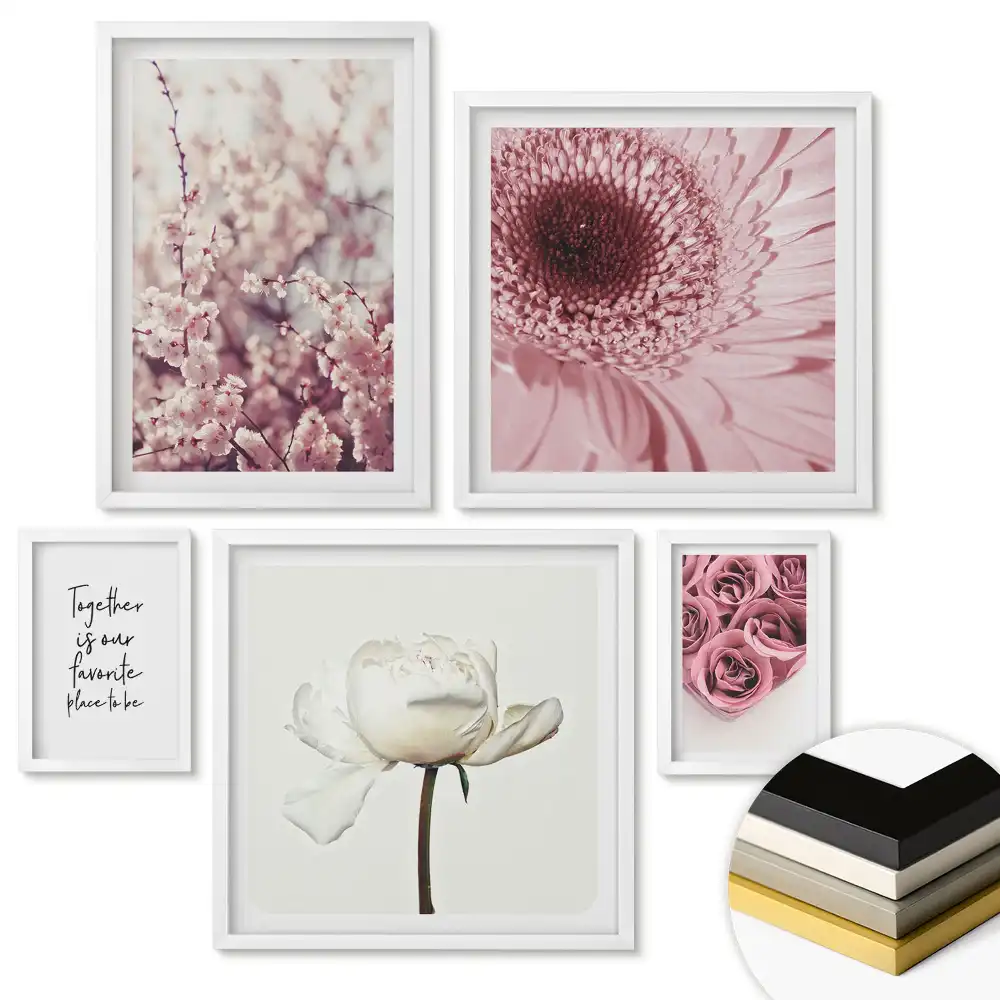 Set de 5 tablouri înrămate Inspirații florale în nuanțe delicate