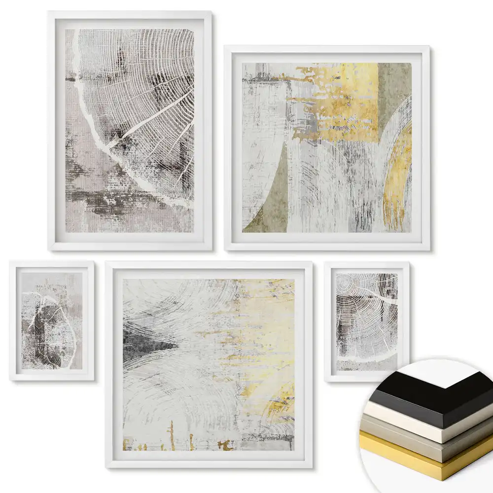 Set de 5 tablouri înrămate cu compoziții abstracte în nuanțe de bej