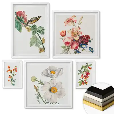 Set 5 tablouri înrămate Flori și păsări într-o combinație armonioasă