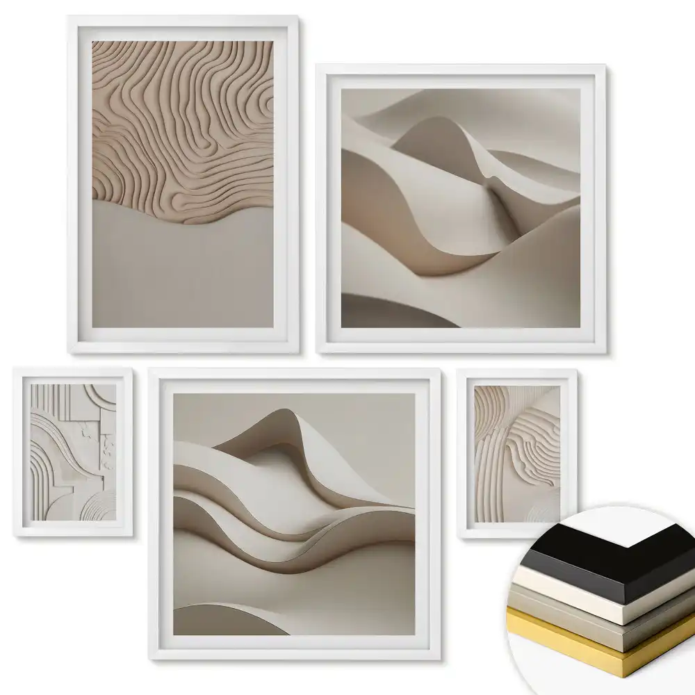 Set de tablouri înrămate cu forme abstracte în nuanțe de bej