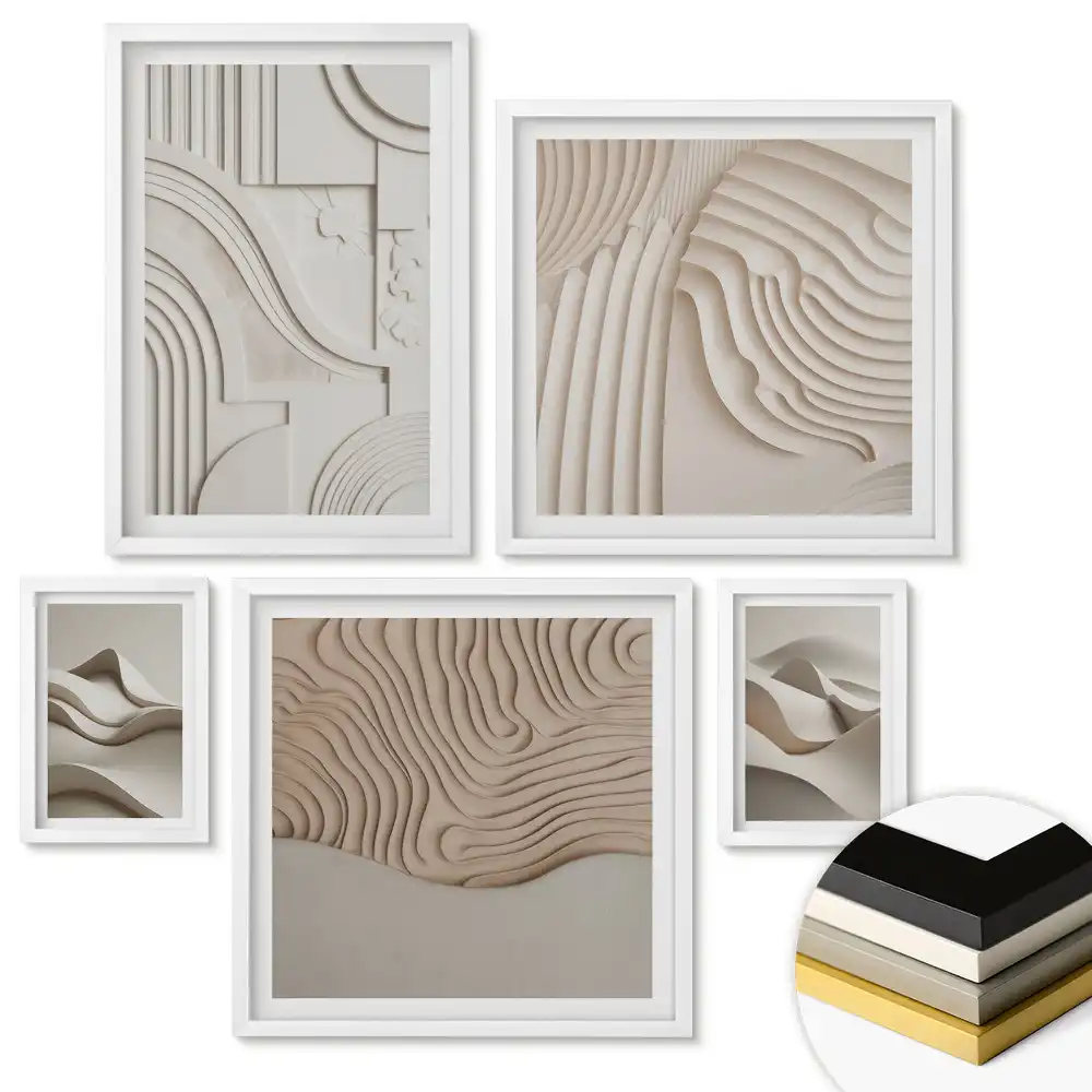 Set de 5 tablouri înrămate Valuri abstracte în nuanțe neutre