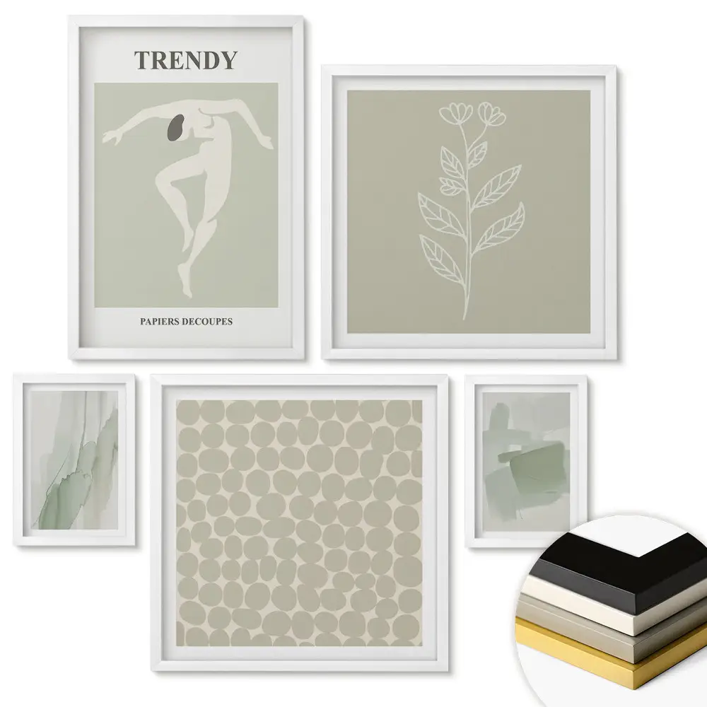 Set 5 tablouri înrămate cu grafică modernă verde