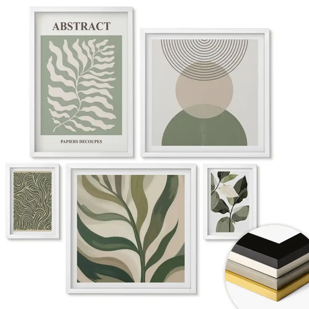 Set 5 tablouri înrămate cu modele abstracte în nuanțe de verde