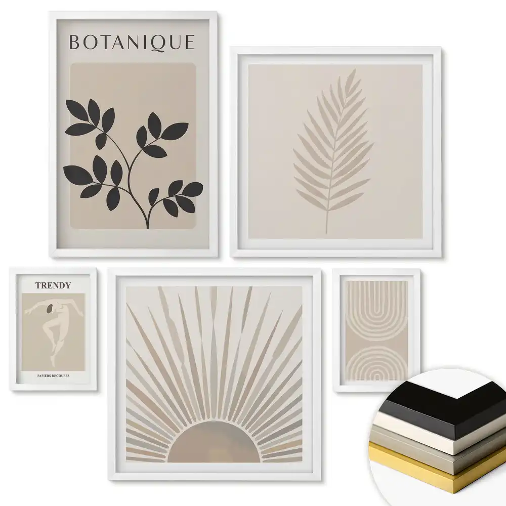 Set de 5 tablouri înrămate cu grafică elegantă în nuanțe de bej