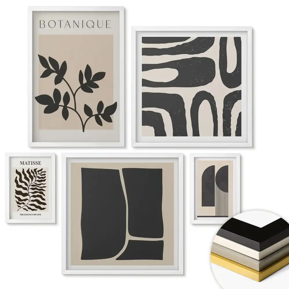 Set de 5 tablouri înrămate cu grafică în stil botanic modern