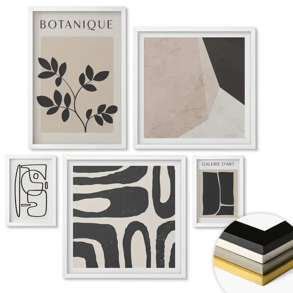 Set de 5 tablouri înrămate cu modele abstracte în nuanțe de bej