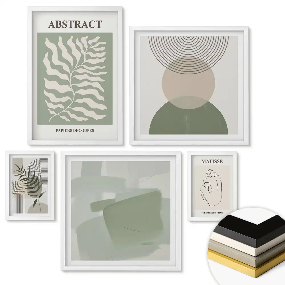 Set de 5 tablouri înrămate cu compoziții abstracte și motive vegetale