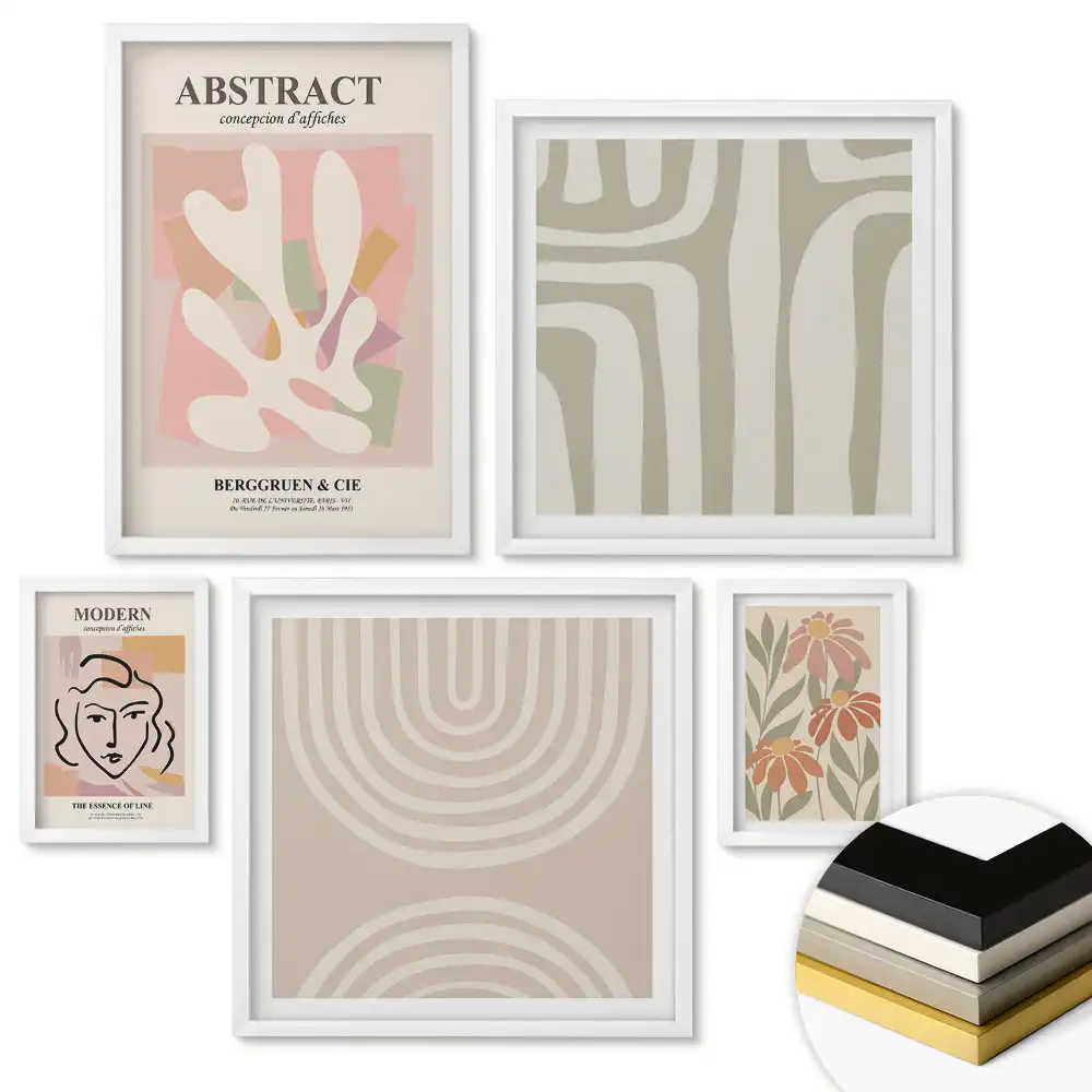 Set 5 tablouri înrămate Compoziții abstracte în culori delicate