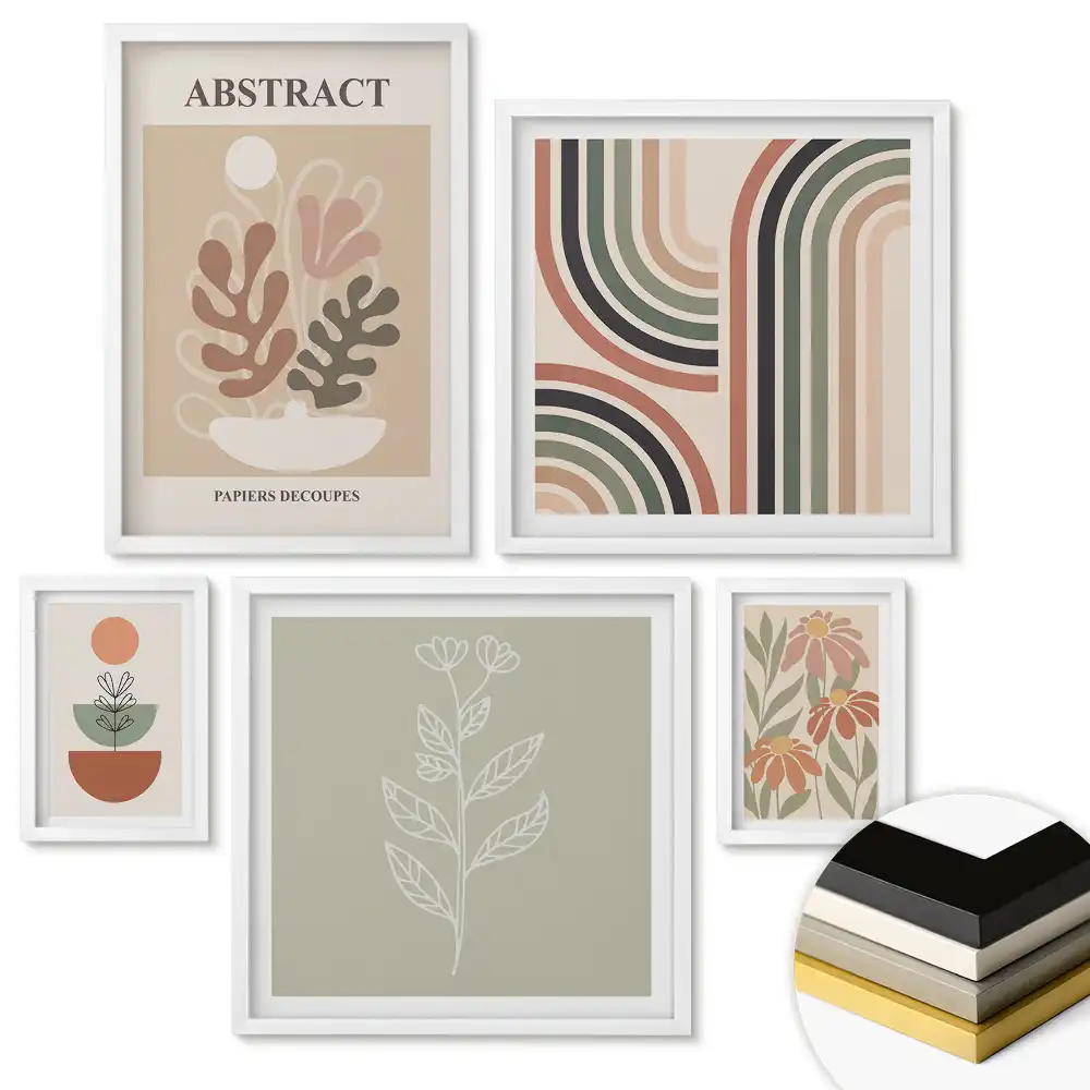 Set 5 tablouri înrămate cu compoziții abstracte moderne în culorile naturii