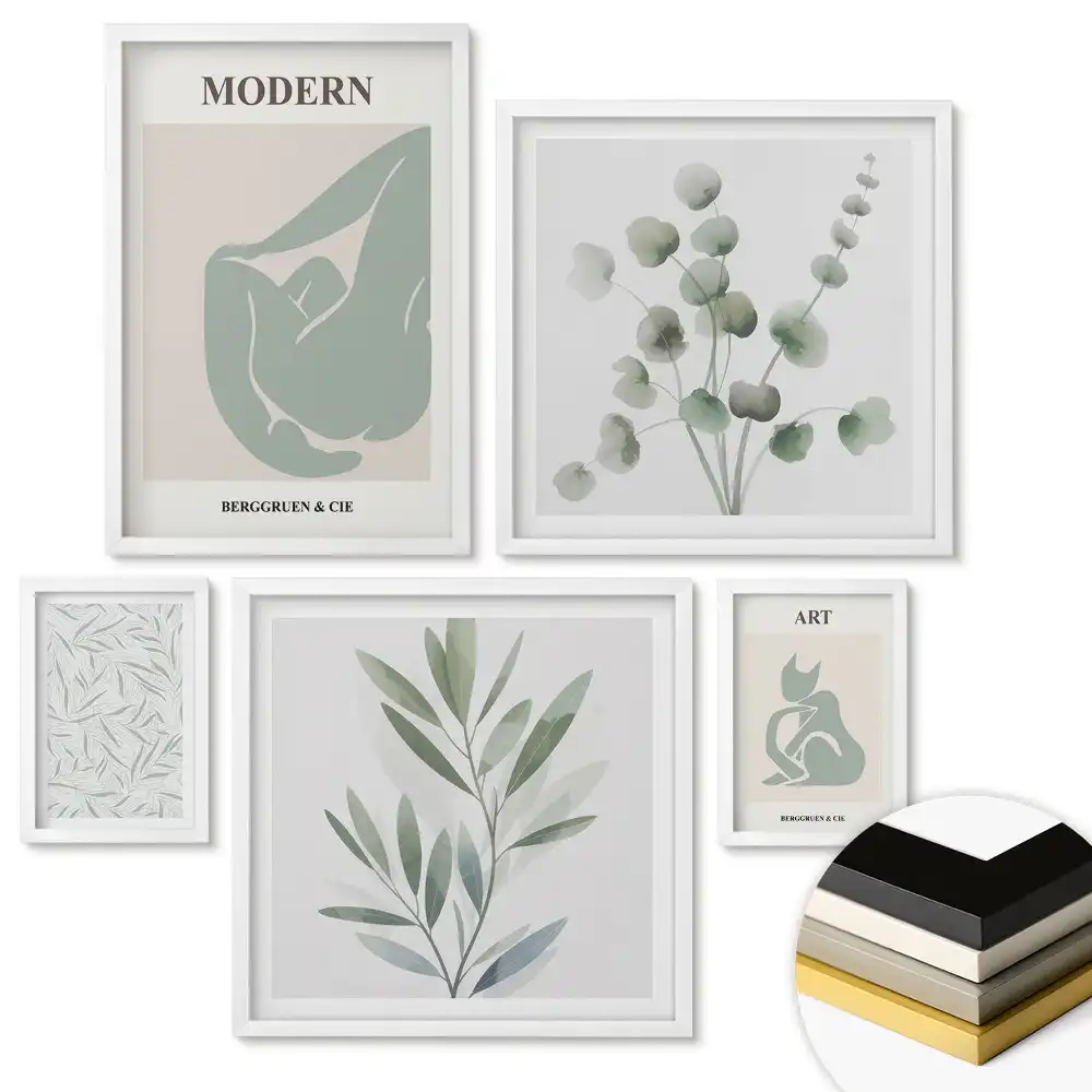 Set 5 tablouri înrămate cu grafică modernă și motive vegetale