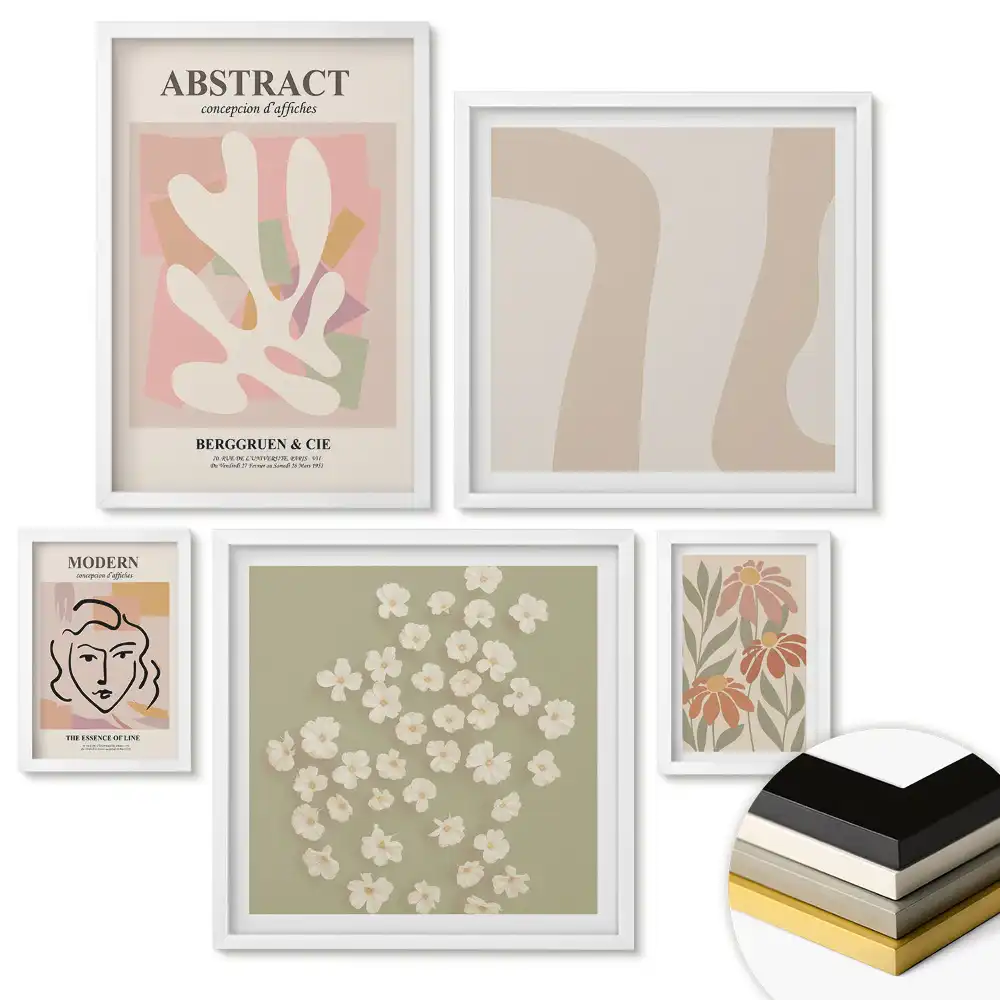 Set 5 tablouri înrămate cu grafică modernă în culori delicate