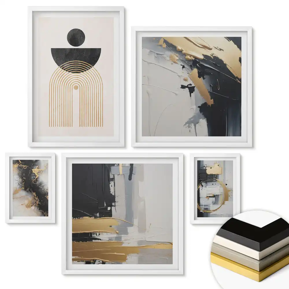Set 5 tablouri înrămate cu compoziții abstracte în nuanțe de auriu