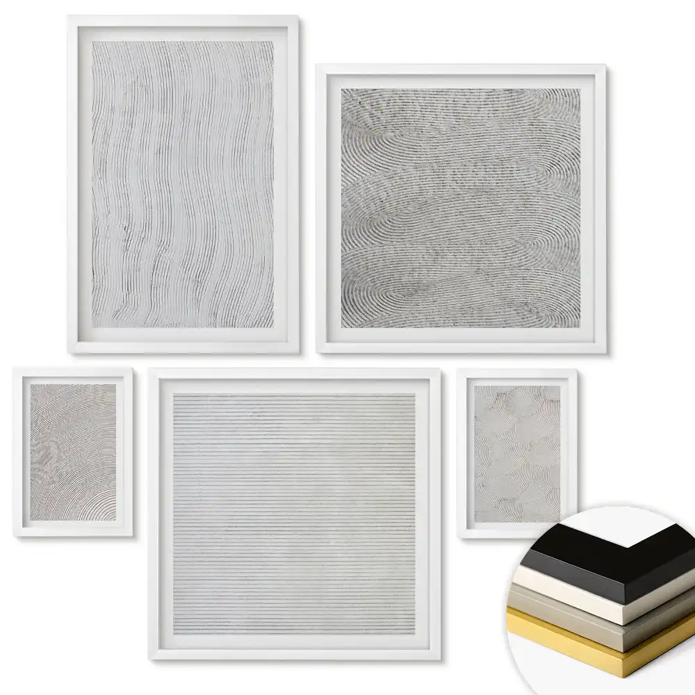 Set de 5 tablouri înrămate cu modele abstracte în nuanțe de alb