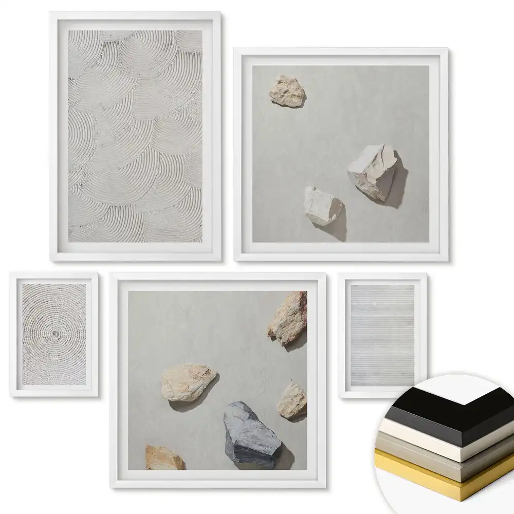 Set de 5 tablouri înrămate cu compoziții minimaliste cu pietre și texturi