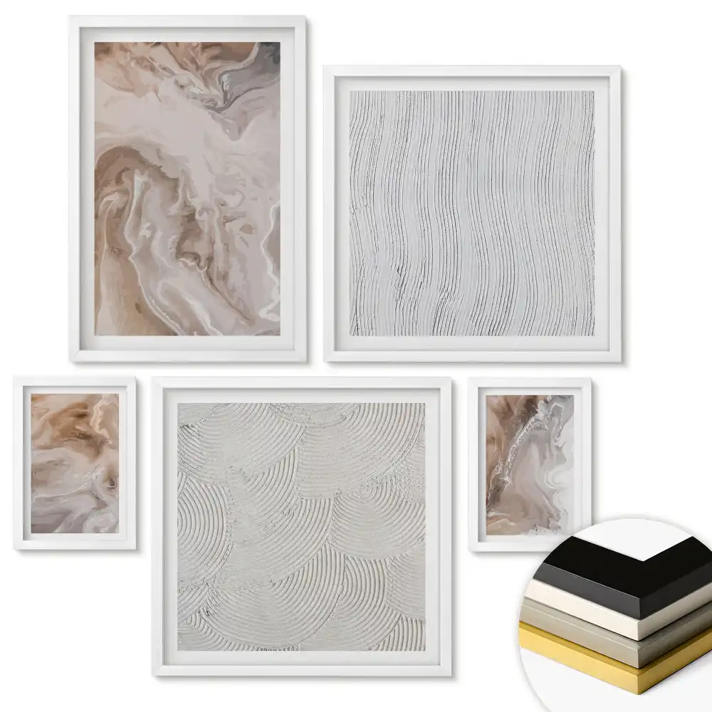 Set de 5 tablouri înrămate cu compoziții abstracte în nuanțe de bej