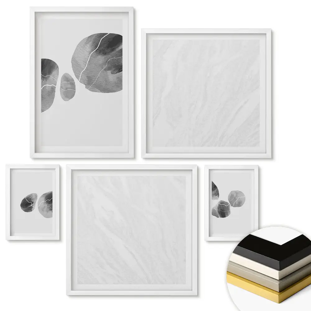 Set de 5 tablouri înrămate cu forme abstracte în nuanțe de gri