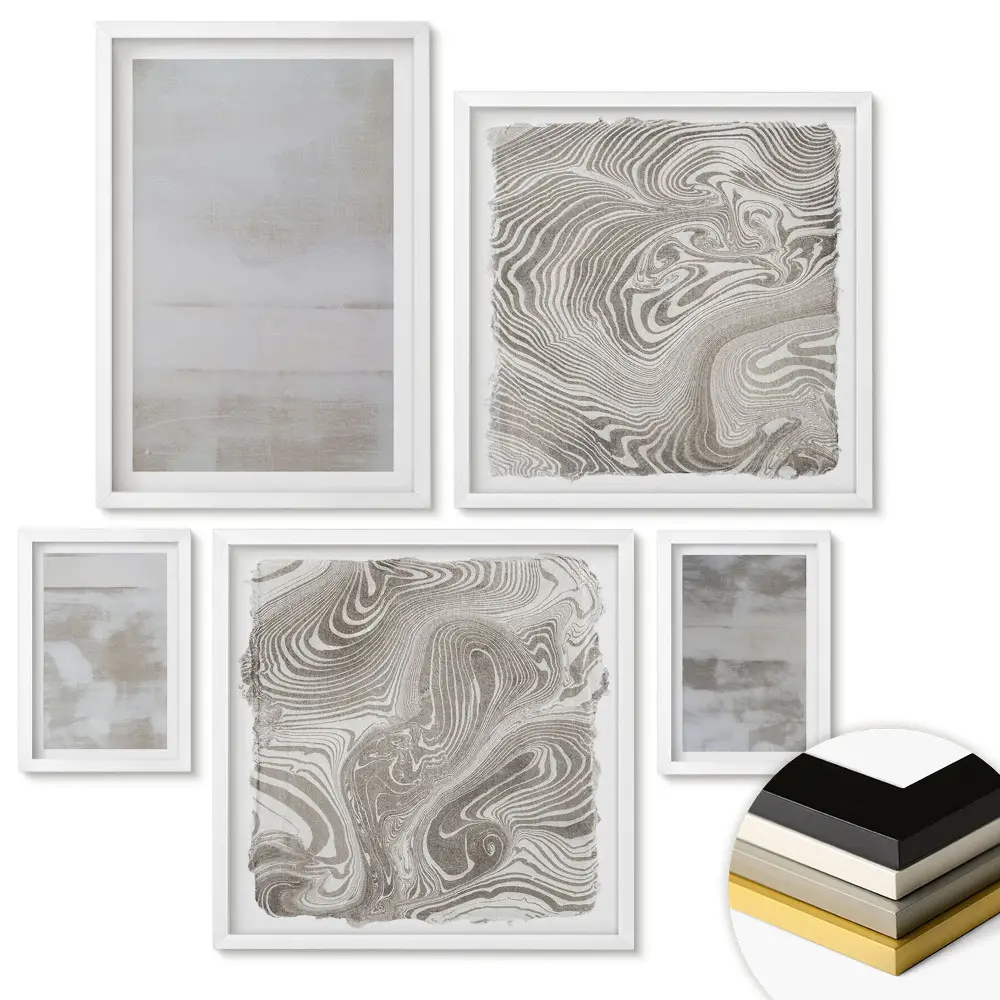 Set de 5 tablouri înrămate cu modele abstracte în nuanțe de bej