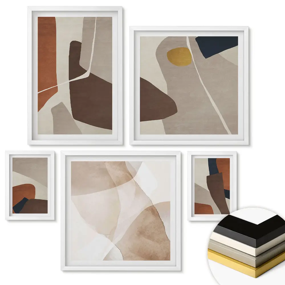 Set 5 tablouri înrămate Compoziții abstracte în culori calde