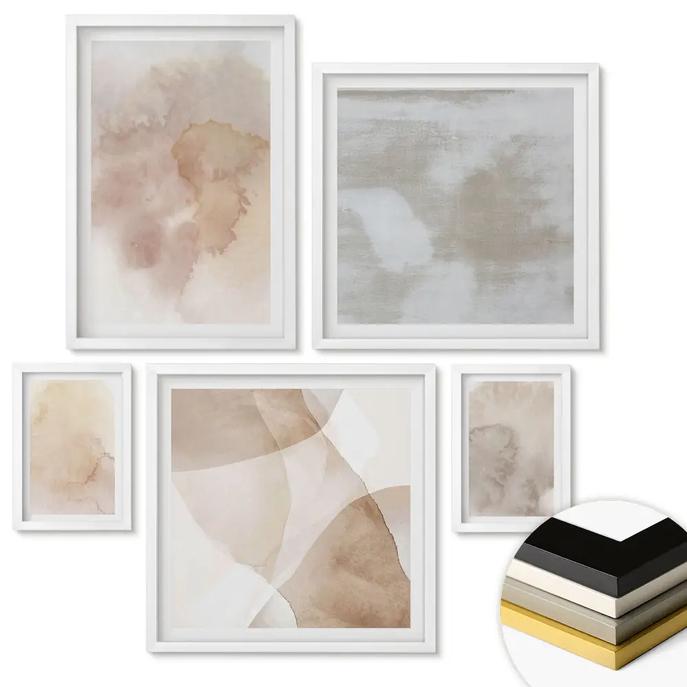 Set de 5 tablouri înrămate în nuanțe abstracte delicate