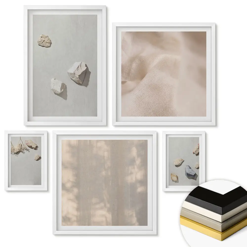 Set de 5 tablouri înrămate cu compoziții minimaliste în culori neutre