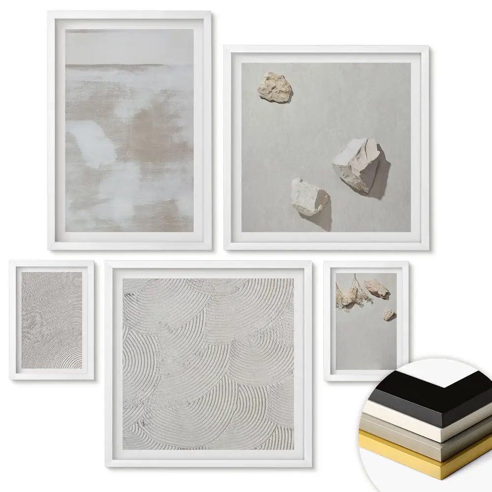 Set de 5 tablouri înrămate cu compoziții minimaliste în nuanțe neutre