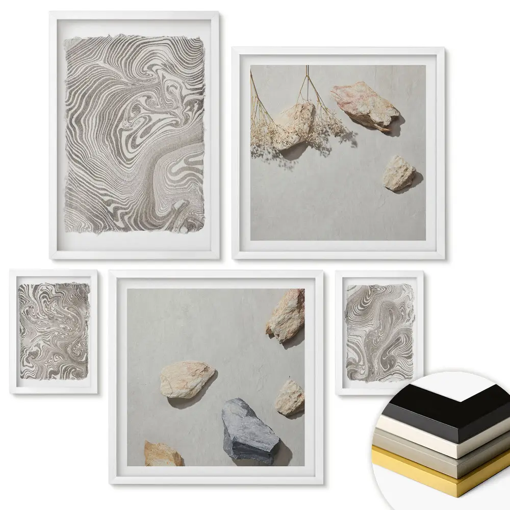 Set 5 tablouri înrămate cu modele abstracte și pietre naturale