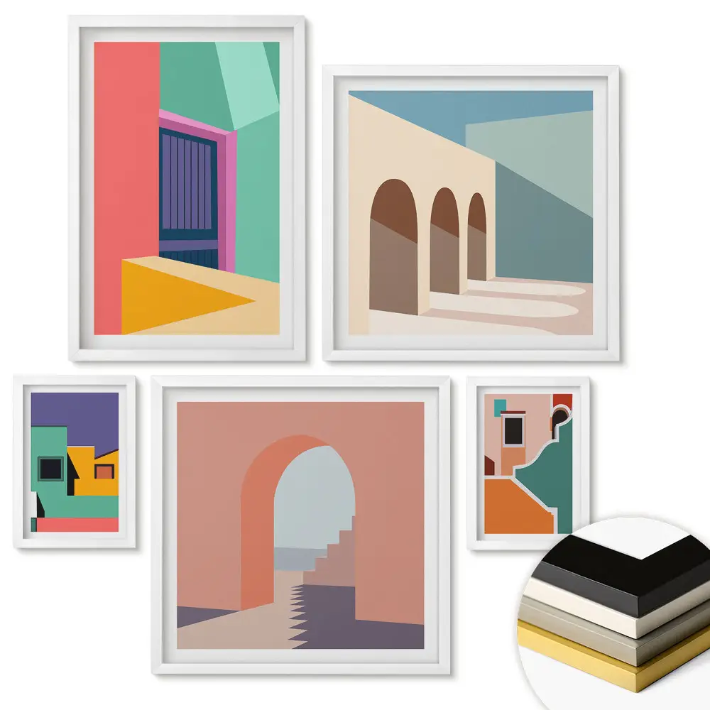 Set de 5 tablouri înrămate cu abstracțiuni arhitecturale colorate