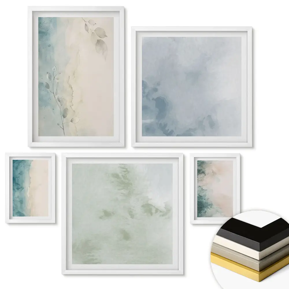 Set de 5 tablouri înrămate cu peisaje abstracte în culori delicate
