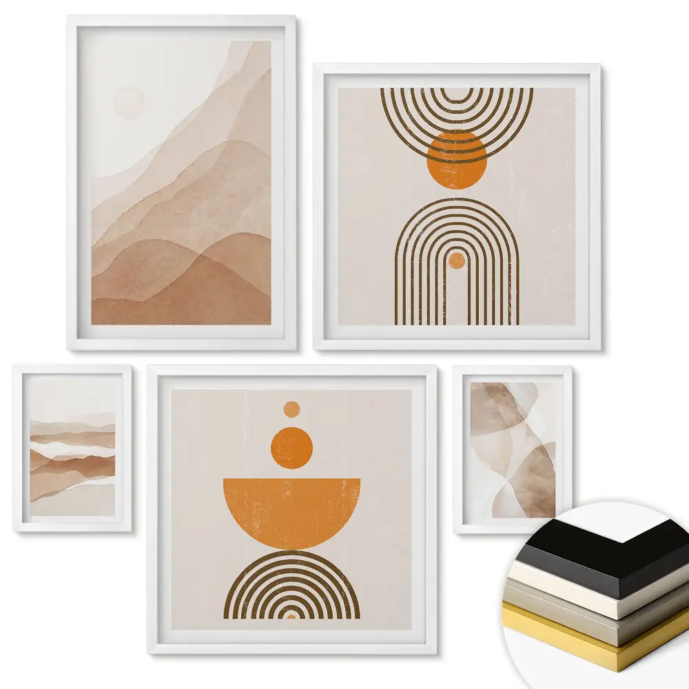 Set 5 tablouri înrămate cu forme abstracte în nuanțe calde