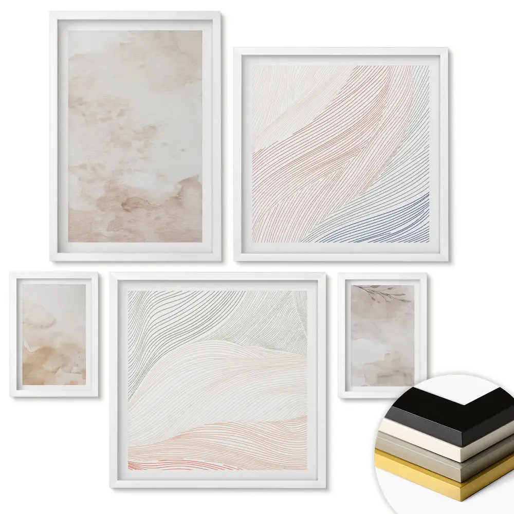 Set 5 tablouri înrămate cu modele abstracte în nuanțe delicate