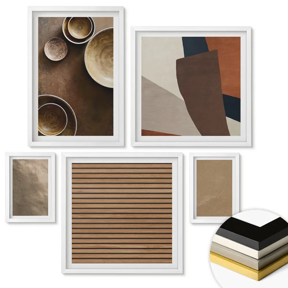 Set de 5 tablouri înrămate cu texturi naturale și tacâmuri minimaliste