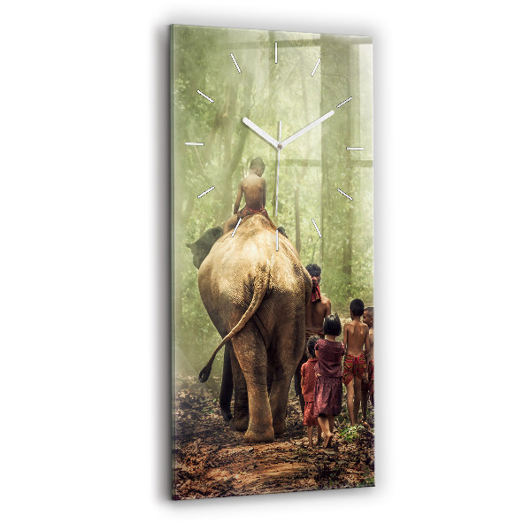 Ceas vertical de perete din sticlă decorativ Copii conducând un elefant