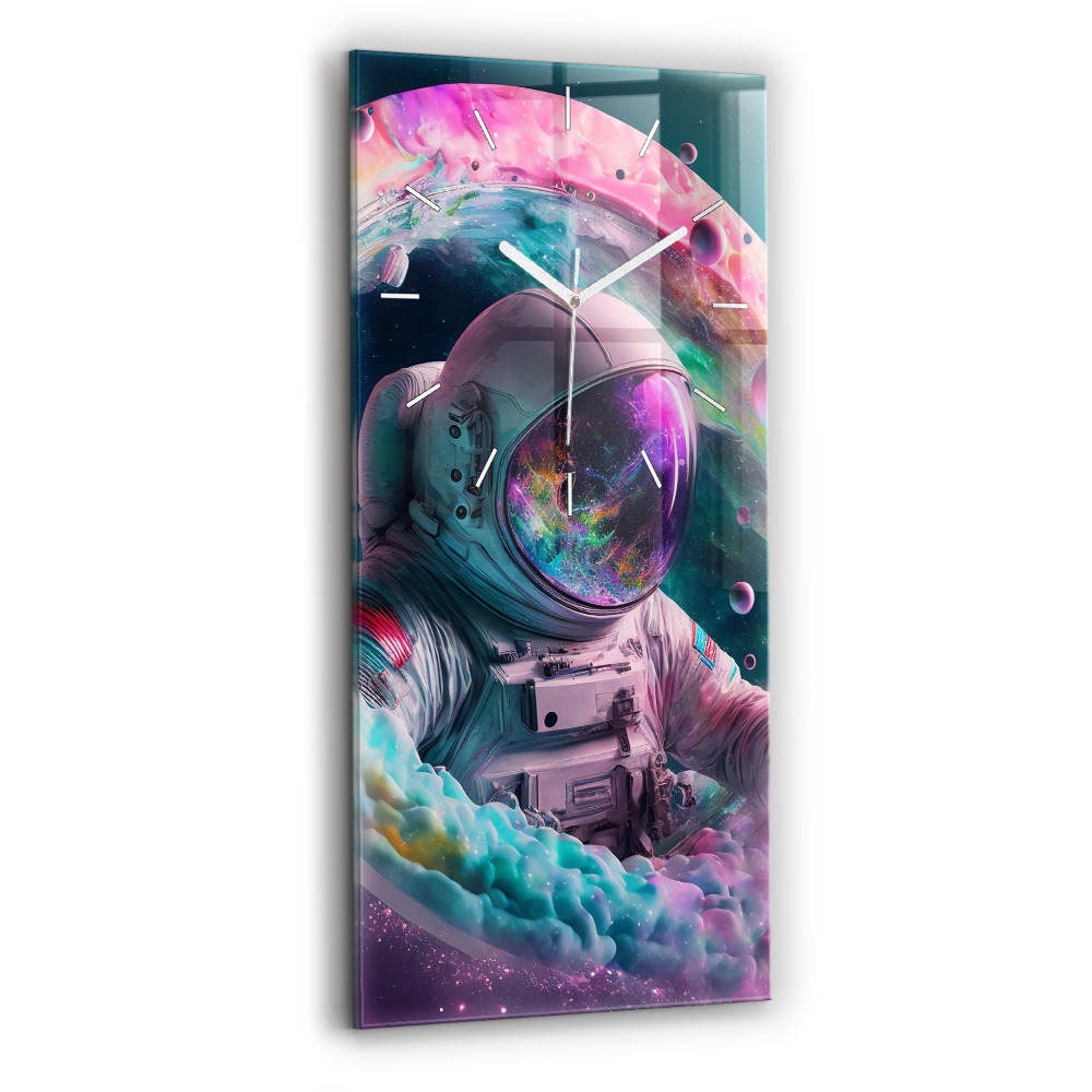 Ceas vertical de perete din sticlă decorativ Cosmonaut și nori colorați