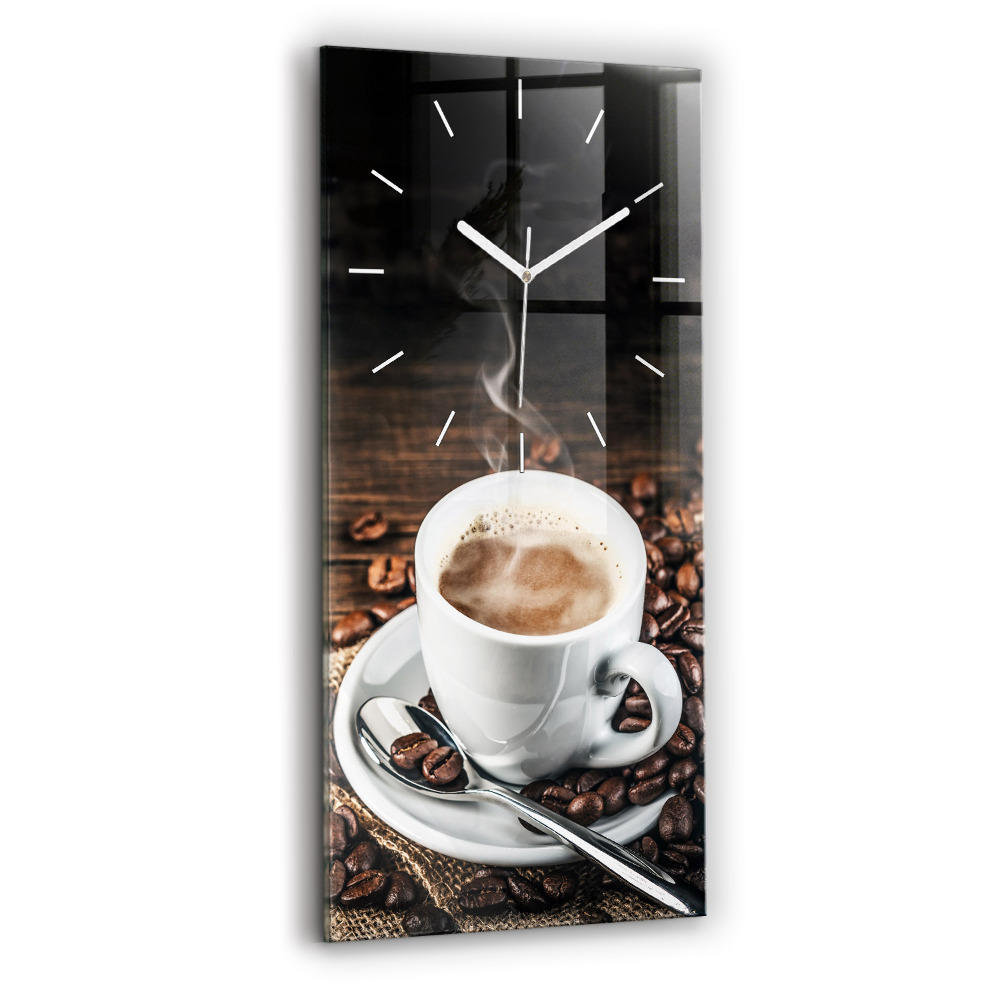 Ceas vertical de perete din sticlă decorativ Ceașcă și boabe de cafea