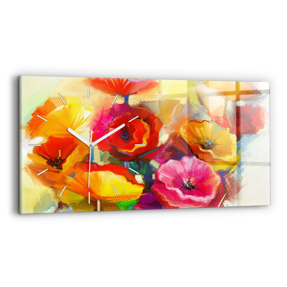 Ceas orizontale de perete din sticlă la modă Maci colorați