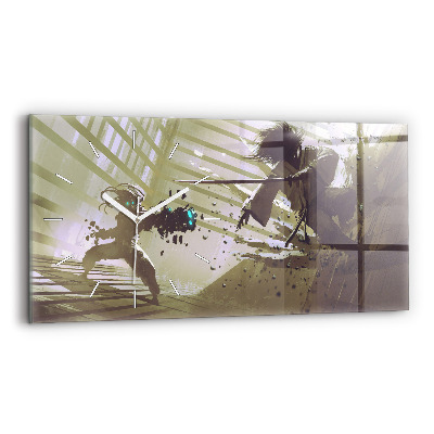 Ceas orizontale de perete din sticlă la modă Luptă cu roboti vs. samurai