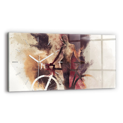 Ceas orizontale de perete din sticlă la modă Femeie și bicicletă