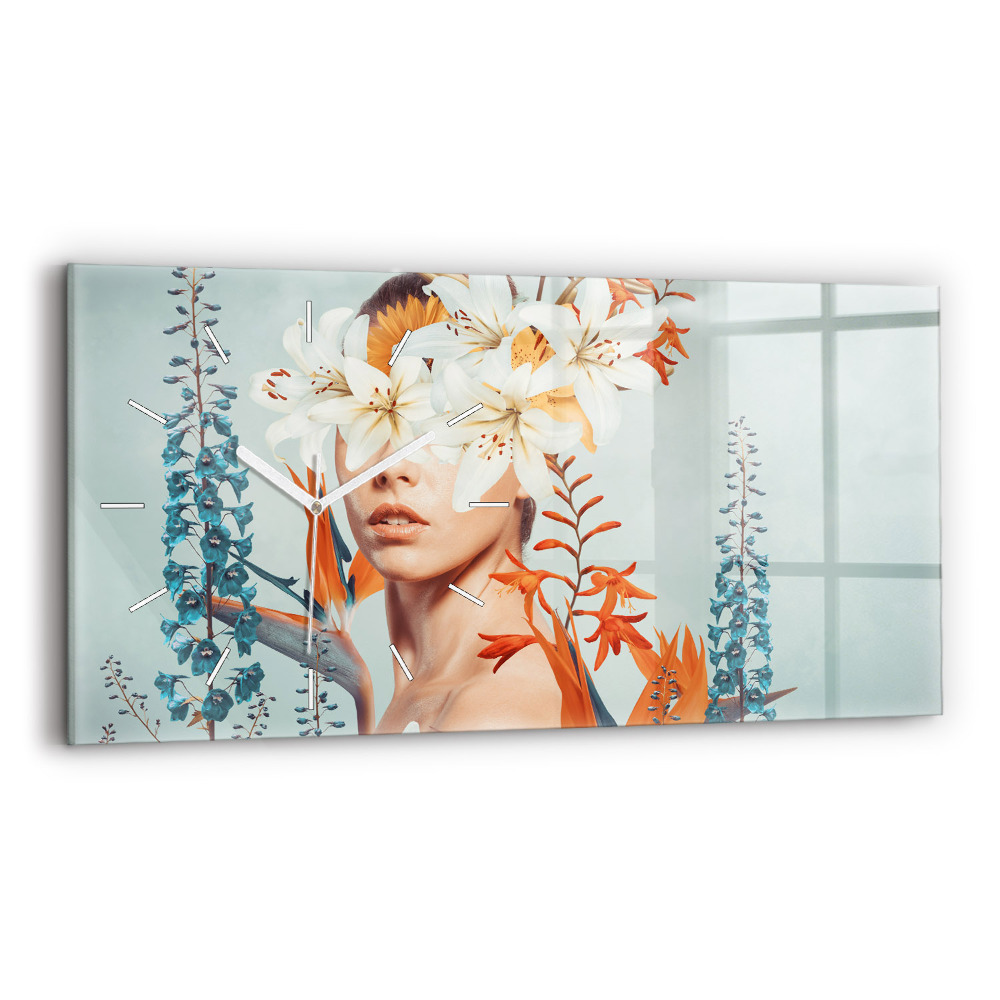 Ceas orizontale de perete din sticlă la modă Femeie cu flori