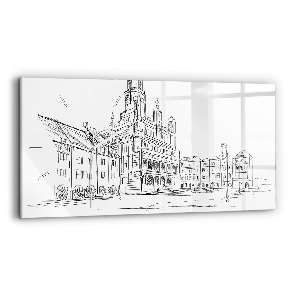 Ceas perete din sticlă orizontale la modă Schiță a orașului vechi Poznań